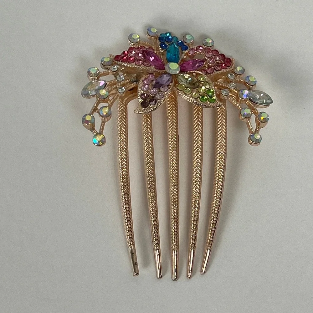 Rhinestone Hair Comb Gold Tone Flower Floral Jeweled‎ Hair Accessory Bridal Prom